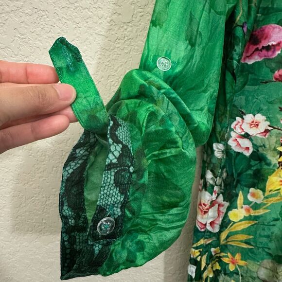 CIENNA Floral Shirt Green Button Up Roll Tab Sleeve Satin Silk Boho - Picture 7 of 12